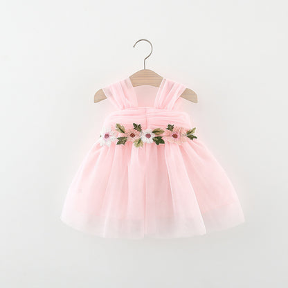 Girl's Mesh Strap Dress Waist Flower Princess Beautiful Dress