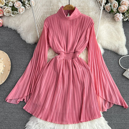 Horn Long Sleeves Stand Collar Waist A-line Chiffon Dress