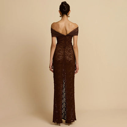 Women's Off-shoulder See-through Sexy Lace Split Slim-fit Sheath Dress