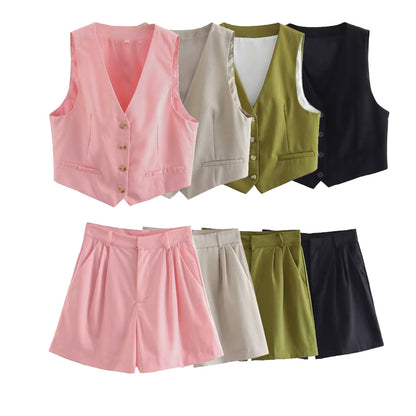 Women's Waistcoat Vest Linen Blended Casual Shorts Suit Women