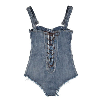 Strappy Square Neck Denim Shorts Bodysuit