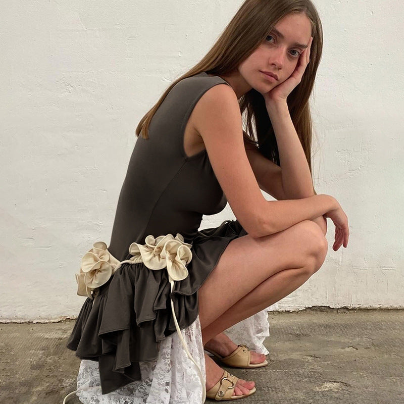 Contrast Color Round Neck Sleeveless Lace Fashion Sexy Short Dress Women