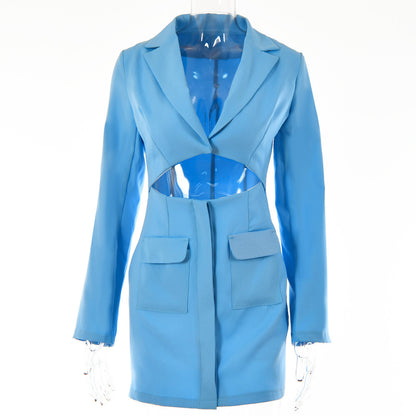 Blazer Dress Women Notched Collar Hollow Out Buttons Jacket