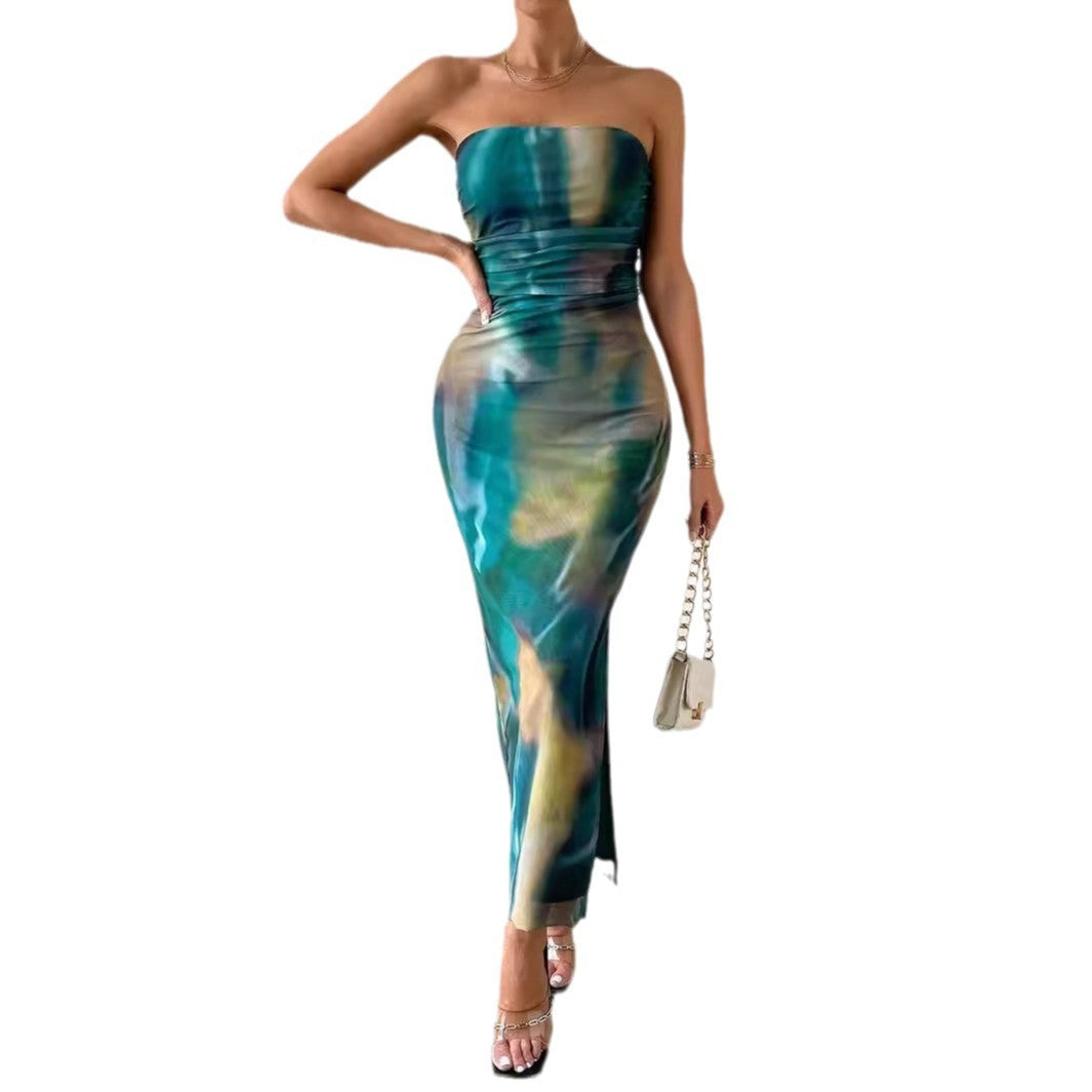 Side Slit Tie-dye Backless Sexy Sheath Dress