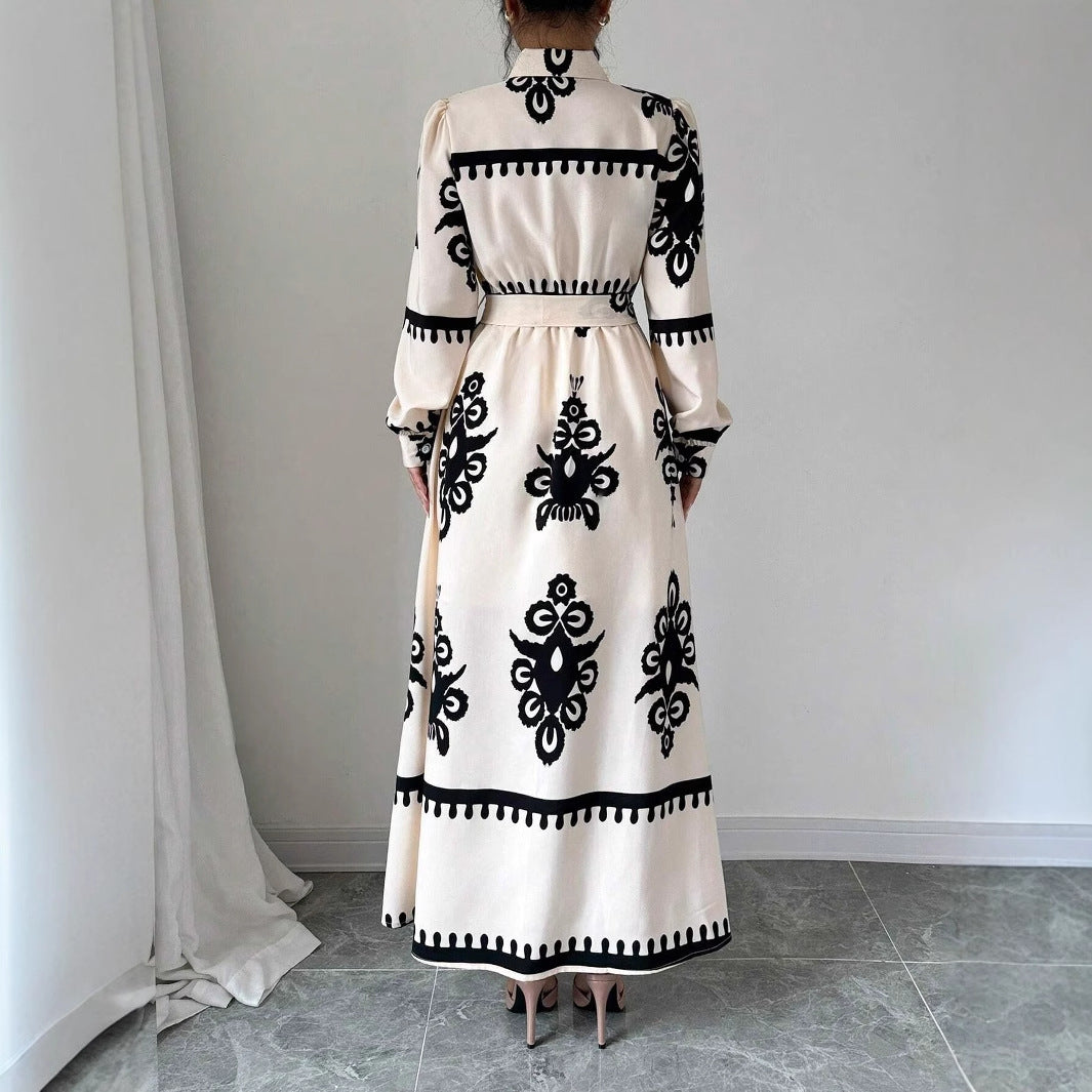 Printed Lace Up European And American Elegant Dress