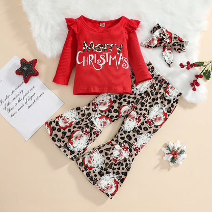 Christmas Suit Girls 1-5 Years Old Pit Strip Printing Top