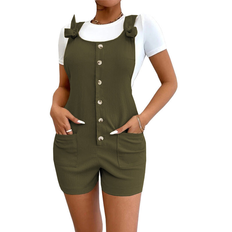 Women's Solid Color Strap Button Pocket Jumpsuit
