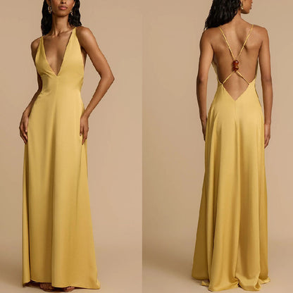 Women's Sexy Backless V-neck Satin Long Dress