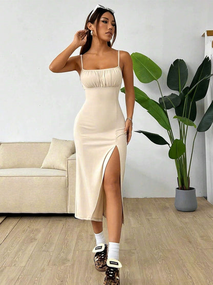 Spaghetti Straps Chest Wrap Slit Sheath Women's Dress