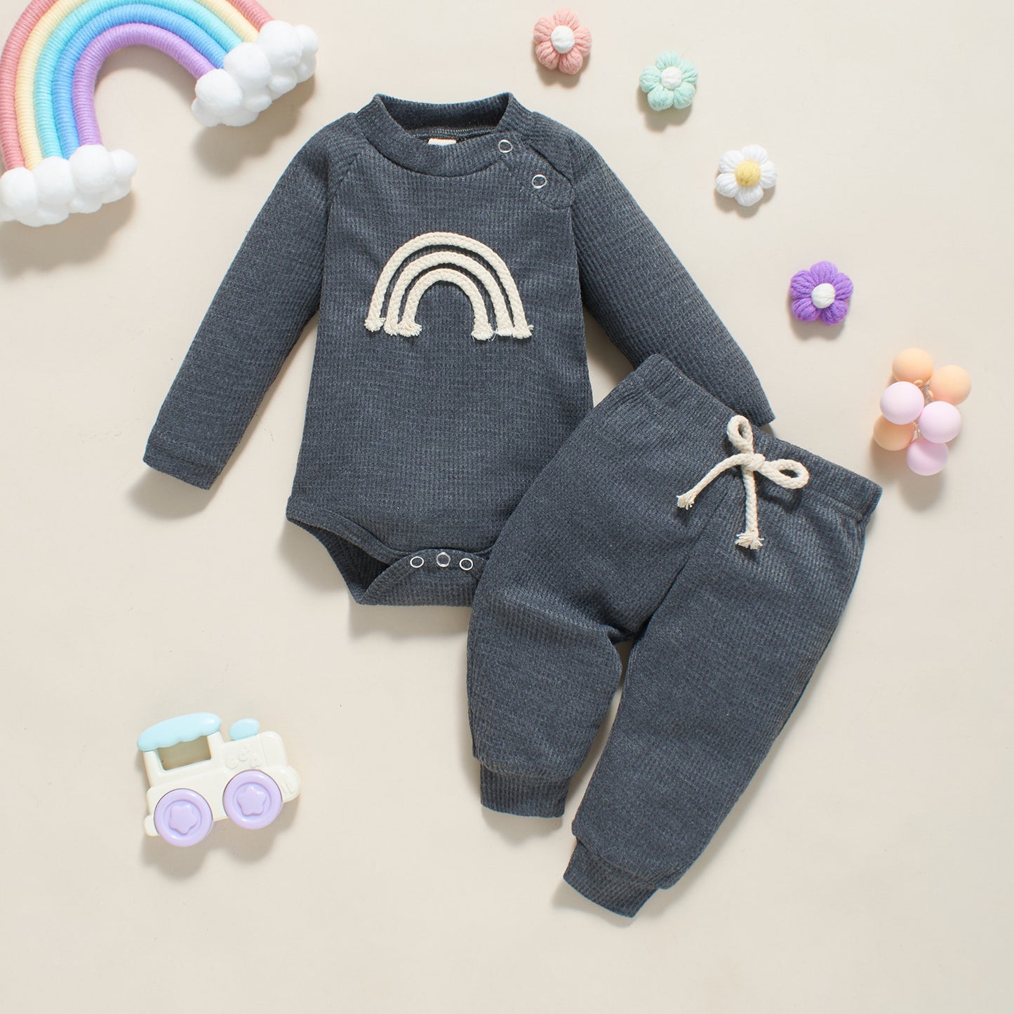 Autumn And Winter Infant Toddler Five-color Embroidered Rainbow Romper Two-piece Set