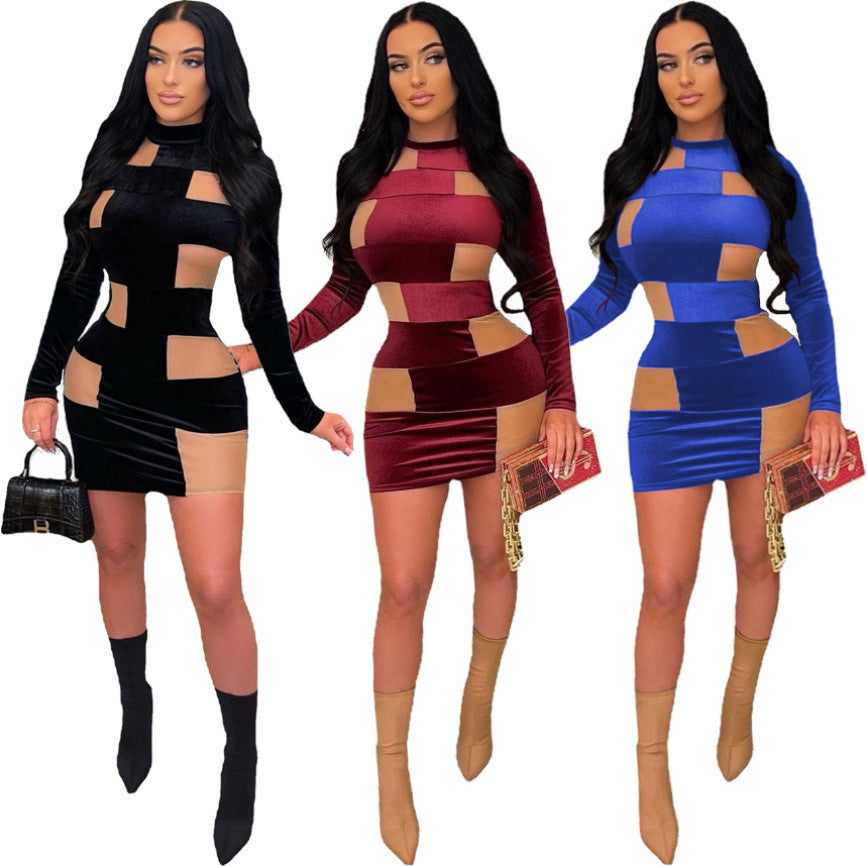 Female Slim Fit Korean Velvet Patchwork Mesh Dress