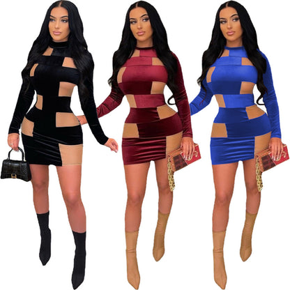 Female Slim Fit Korean Velvet Patchwork Mesh Dress