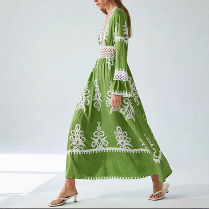 Fall V-neck Stitching Lace Women's Long-sleeved Dress