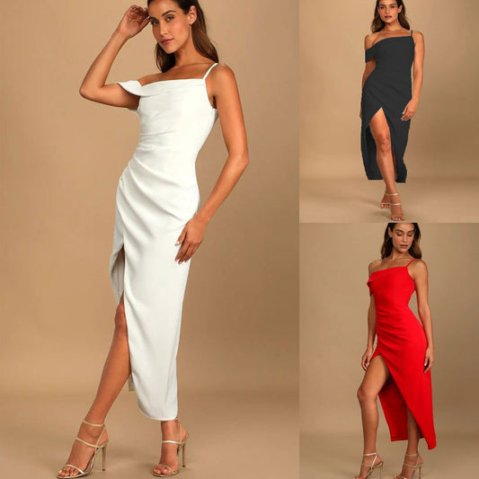 Hip-wrapped Off-shoulder Irregular Slit Dress Women
