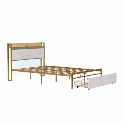4ft6 Double Bed Frame With 2 Storage Drawers, RGB LED Storage Headboard With Charging Station, Velvet Bed Frame, With Chrome Decoration, No Box Spring Needed, Easy Assembly, Beige