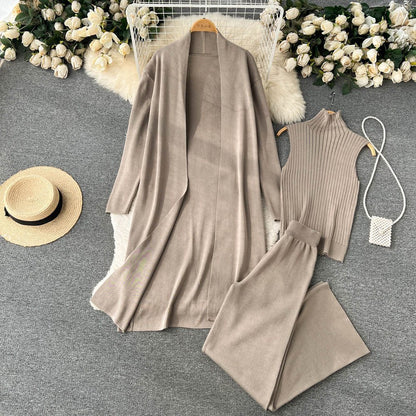 Autumn New Lazy And Loose Knitting Suit Women's Long Shawl Cardigan Turtleneck Sweater Wide Leg Pants Three-piece Set