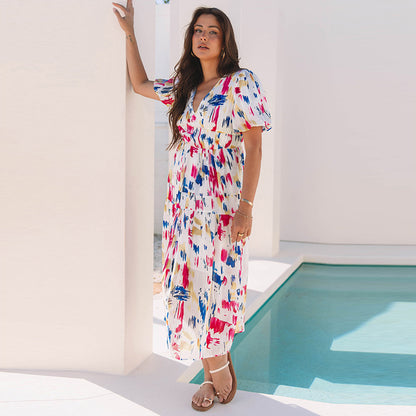 European And American Leisure All-match Multicolor Printed Cropped Dress