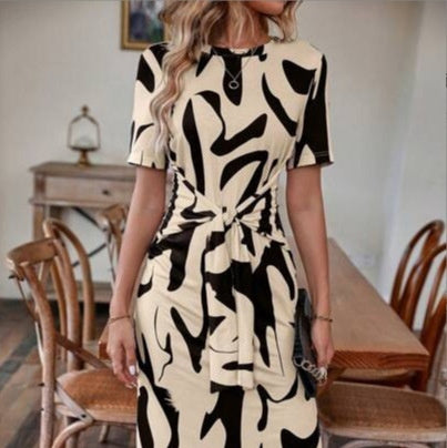 Elegant Women's Printed Short-sleeved Dress