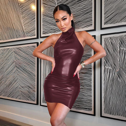 Women's Hip Skirt Leather Backless Halter Dress