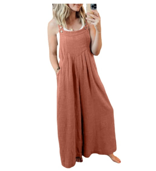 Cotton And Linen Solid Color Suspenders Long Wide-leg Jumpsuit
