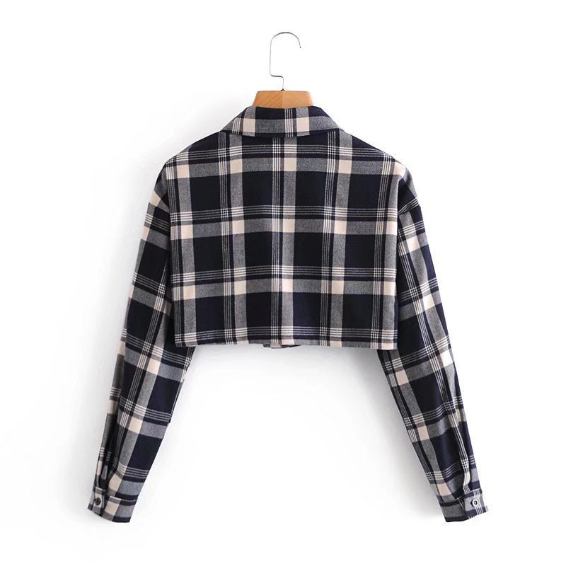 Autumn And Winter Plaid Lapel Long-sleeved Single-breasted Short Plaid Shirt