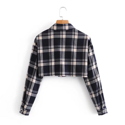 Autumn And Winter Plaid Lapel Long-sleeved Single-breasted Short Plaid Shirt