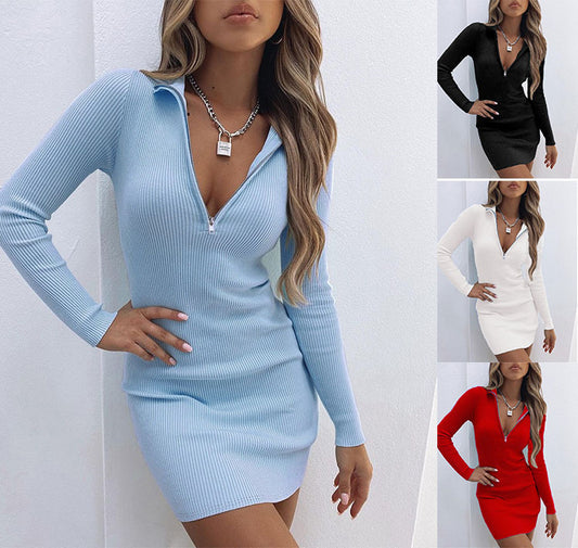 Autumn Fashion Polo Collar Zipper High Waist Long Sleeves Bottoming Dress