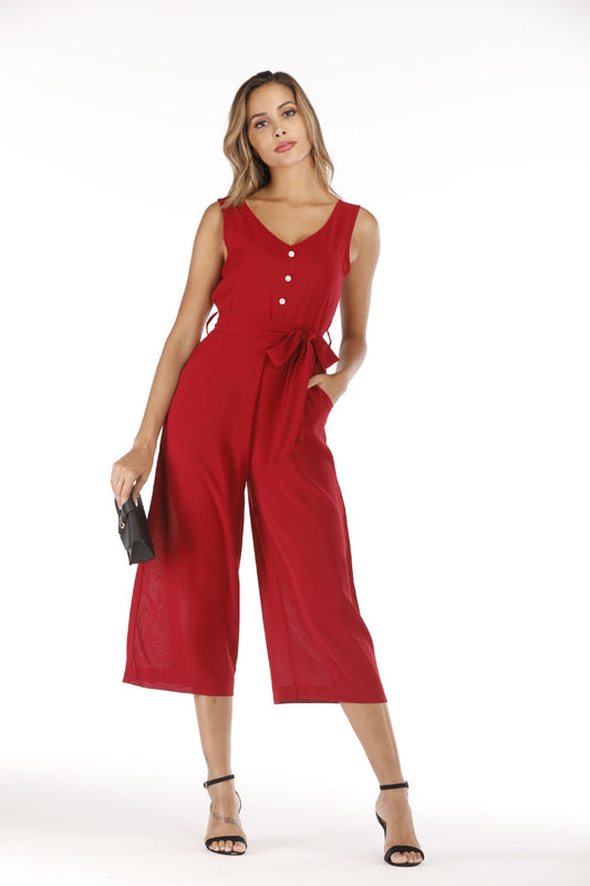 V-neck halter buttons with belt jumpsuit