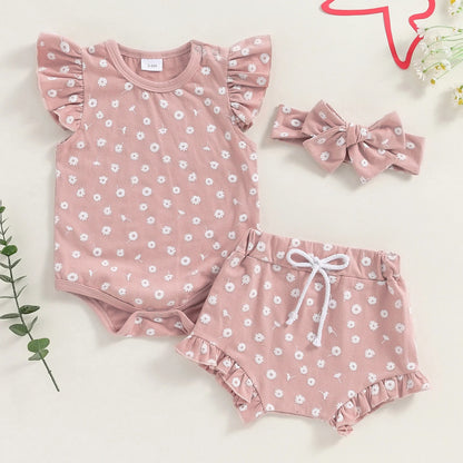 Boys And Girls Fashion Floral Flying Sleeves Romper Suit