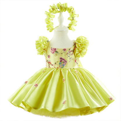 Yellow Flying Sleeves Heavy Industry Umbrella Princess Dress Little Girl's Birthday Dress