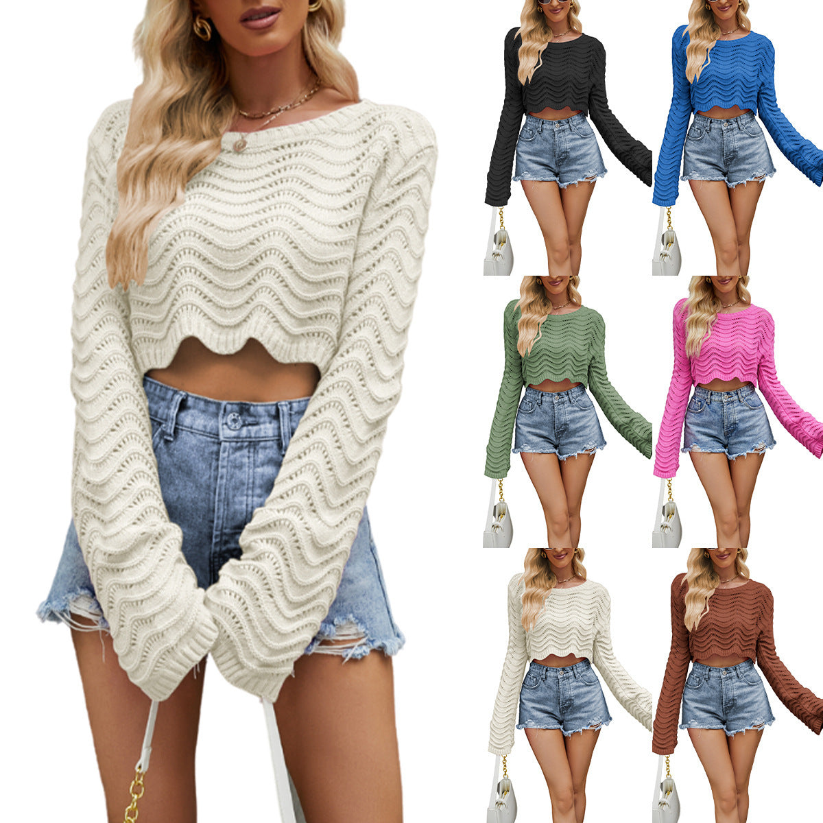 Acrylic Women's Sweater Solid Color Hollow Wave Pattern Short