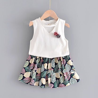 Girls Sleeveless Flower Blouse + Leaf Print Skirt Children Two-Piece Dress