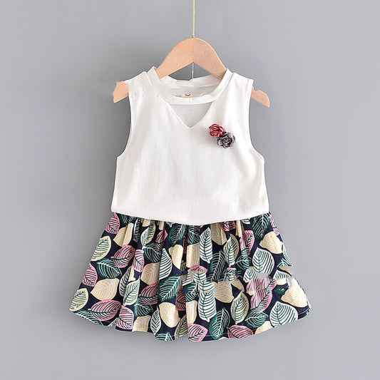Girls Sleeveless Flower Blouse + Leaf Print Skirt Children Two-Piece Dress