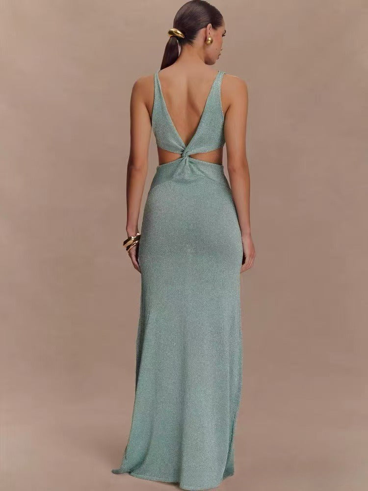 Sexy Twisted Vest Gold And Silver Wire Spring And Summer V-neck Dress