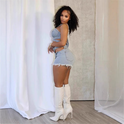 Washed Elastic Denim Casual Vest Shorts Set