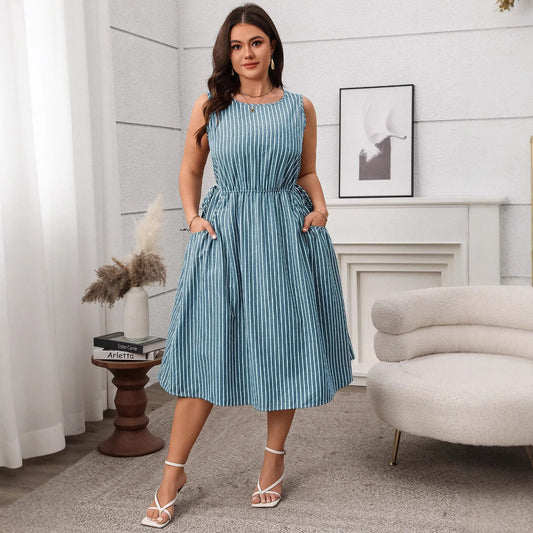 Contrast Color Striped Sleeveless Pocket Fashion Dress