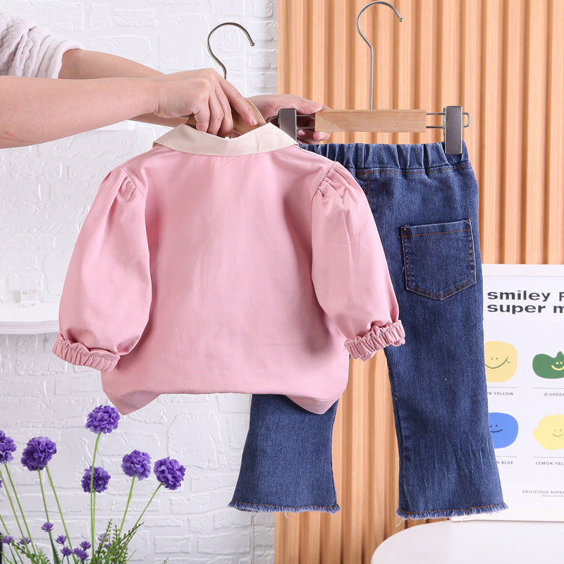 Lapel Long Sleeve Shirt Western Style Skinny Jeans Two-piece Set