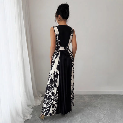 Sleeveless Printed Temperament V-neck Color-block Midi Dress