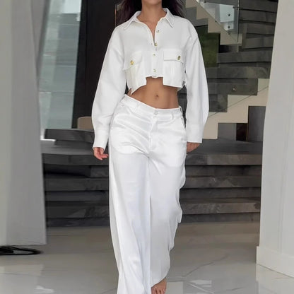 Midriff Outfit Long Sleeve Top Wide Leg Trousers