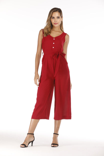 V-neck halter buttons with belt jumpsuit