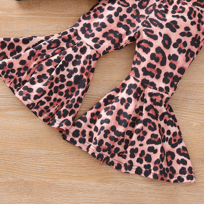 Girls Stitching Long-sleeved T-shirt Leopard Print Flared Pants Suit