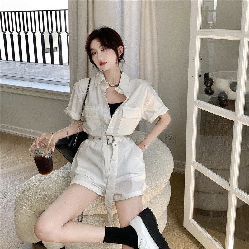 Summer New Style Casual Loose Lapel Tooling Lace-Up Jumpsuit Women Wide-Leg Shorts