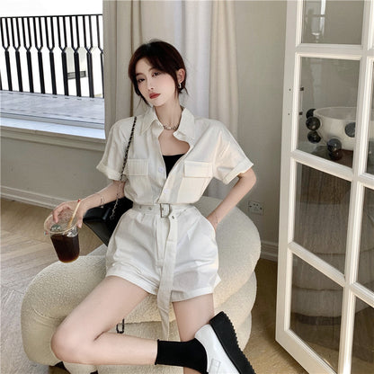 Summer New Style Casual Loose Lapel Tooling Lace-Up Jumpsuit Women Wide-Leg Shorts