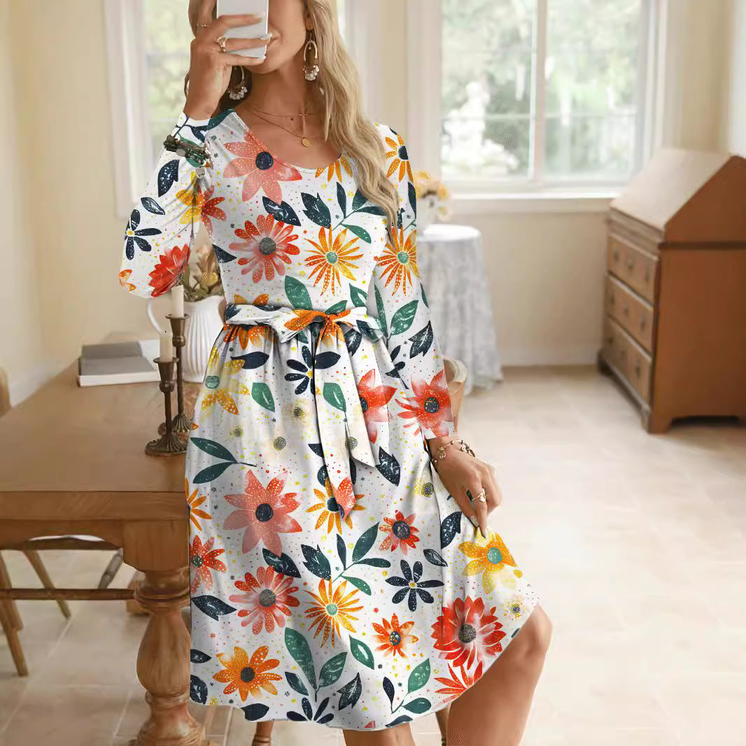 Round Neck Long Sleeve Midi Waist Trimming Printing Dress
