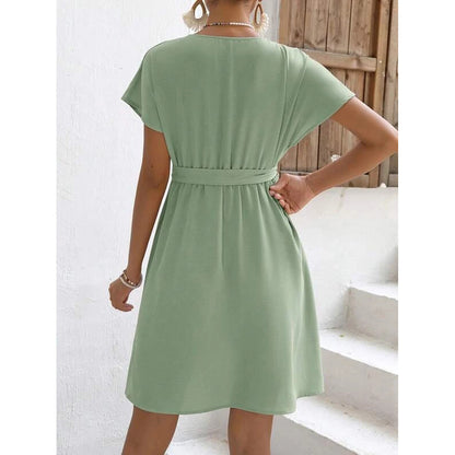 V-neck Batwing Sleeve Belt Decorative Casual And Comfortable Fashion Dress