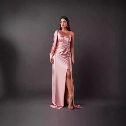 Women's Diagonal Collar Raglan Sleeve Pleated Waist Tight Split Sexy Long Dress