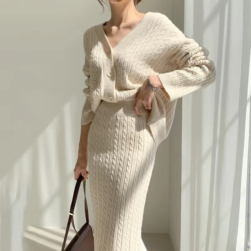 V-neck Hemp Pattern Knitted Cardigan Sweater High Waist Sheath Skirt