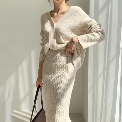 V-neck Hemp Pattern Knitted Cardigan Sweater High Waist Sheath Skirt