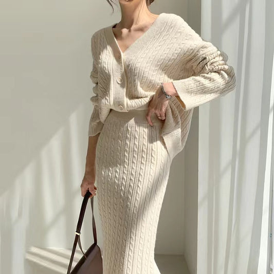 V-neck Hemp Pattern Knitted Cardigan Sweater High Waist Sheath Skirt