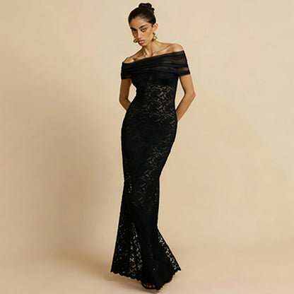 Women's Off-shoulder See-through Sexy Lace Split Slim-fit Sheath Dress